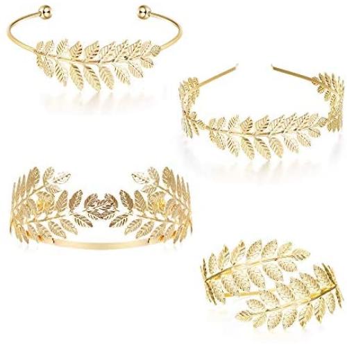 FUNRUN JEWELRY 4PCS Greek Goddess Headband Arm Cuff Bridal Jewelry Set Roman Laurel Leaf Branch Crown Armlet Upper Arm Band Bracelet for Women Party