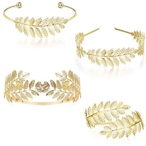 FUNRUN JEWELRY 4PCS Greek Goddess Headband Arm Cuff Bridal Jewelry Set Roman Laurel Leaf Branch Crown Armlet Upper Arm Band Bracelet for Women Party