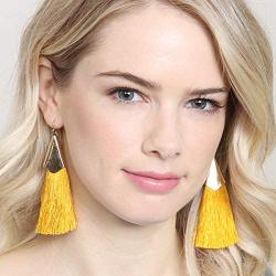 Bohemian Silky Thread Fan Fringe Tassel Statement Earrings - Lightweight Strand Feather Shape Long Dangles