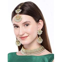 Aheli Bollywood Style Faux Kundan Beaded Choker Necklace Dangle Earrings Maang Tikka Indian Jewellery Set for Women