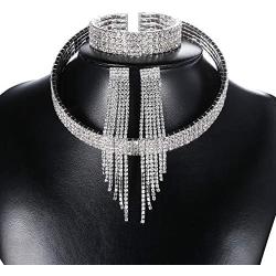 Udalyn Silver Fringe Crystal Rhinestone Bridesmaid Jewelry Sets for Women Necklace and Earring Set for Wedding with Crystal Bracelet