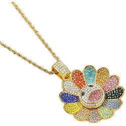 OPENDGO Hip Hop 18K Gold Plated Rotatable Sunflower Necklace for Women CZ Stone Cubic Zirconia Men Women Necklace Rapper Jewelry Diamond Necklace 24'' Rope Chain