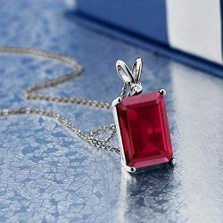 Gem Stone King 925 Sterling Silver Red Created Ruby and White Diamond Pendant Necklace (8.02 Ct Emerald Cut 14X10MM, with 18 Inch Silver Chain)