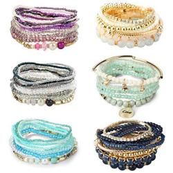 LOYALLOOK 6 Sets Bohemian Stackable Bead Bracelets for Women Stretch Bangles Bohemian Style Stretch Multilayered Bracelet Set