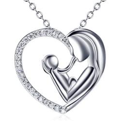 925 Sterling Silver Mother Child Forever Love Heart Pendant Necklace for Mom Grandma