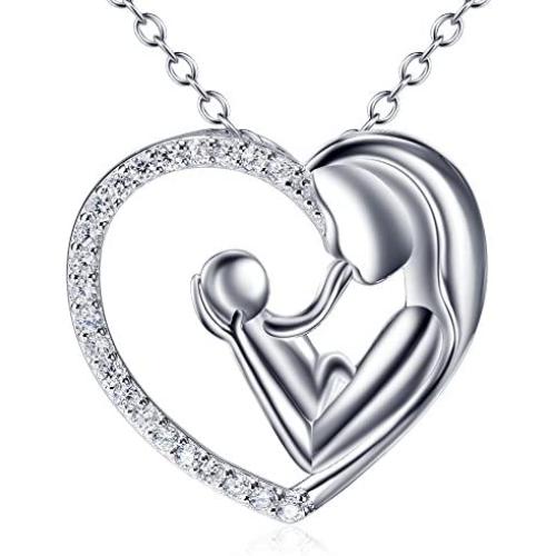 925 Sterling Silver Mother Child Forever Love Heart Pendant Necklace for Mom Grandma