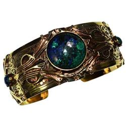 Hand Polished Antique Brass Art Deco Motif Cuff Bracelet - Chrysocolla