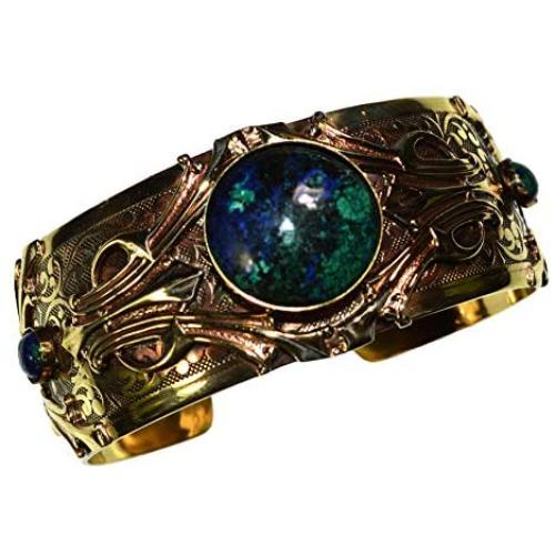 Hand Polished Antique Brass Art Deco Motif Cuff Bracelet - Chrysocolla