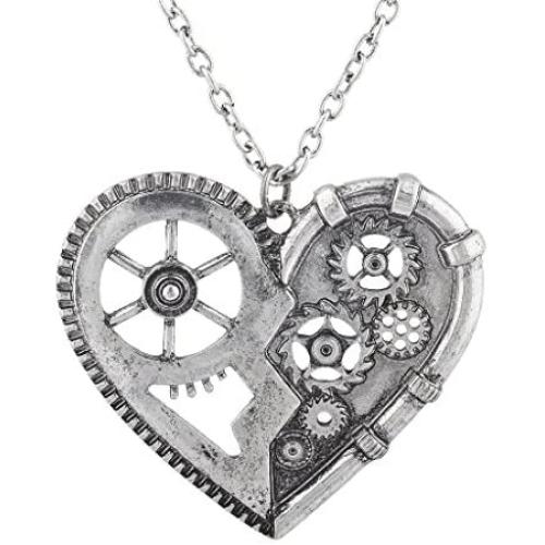 Lux Accessories Burnish Silver Vintage Steampunk Gearwork Heart Charm Necklace
