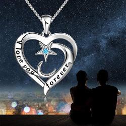 Star and Moon Heart Necklace 925 Sterling Silver Necklace I Love You Forever Pendant with Cubic Zirconia, Valentines Mothers Day Jewelry Gifts for Girls Couples Girlfriend Mom Wife