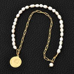 W WOOGGE Gold Pendant Necklace Stitching Link Chain and Natural Pearl Necklace Chunky Punk Link Choker Jewelry 16 Inch