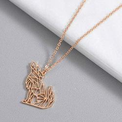 BELUCKIN Stainless Steel Howling Wolf Animal Pendant Necklace Geometric Origami Jewelry