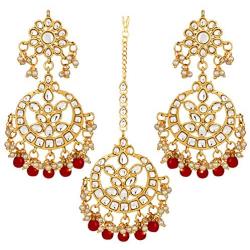 Aheli Indian Traditional Wedding Faux Kundan Beads and Pearls Chandbali Earrings Maang Tikka Earrings Set Ethnic Bollywood Jewelry Set for Women
