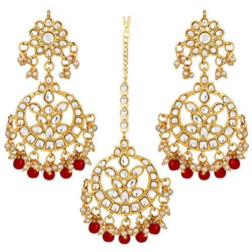 Aheli Indian Traditional Wedding Faux Kundan Beads and Pearls Chandbali Earrings Maang Tikka Earrings Set Ethnic Bollywood Jewelry Set for Women