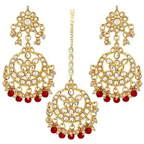 Aheli Indian Traditional Wedding Faux Kundan Beads and Pearls Chandbali Earrings Maang Tikka Earrings Set Ethnic Bollywood Jewelry Set for Women