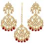 Aheli Indian Traditional Wedding Faux Kundan Beads and Pearls Chandbali Earrings Maang Tikka Earrings Set Ethnic Bollywood Jewelry Set for Women