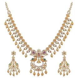 Tarinika Tanu Gold-Plated Indian Jewelry Set with Necklace and Earrings - White Red Green