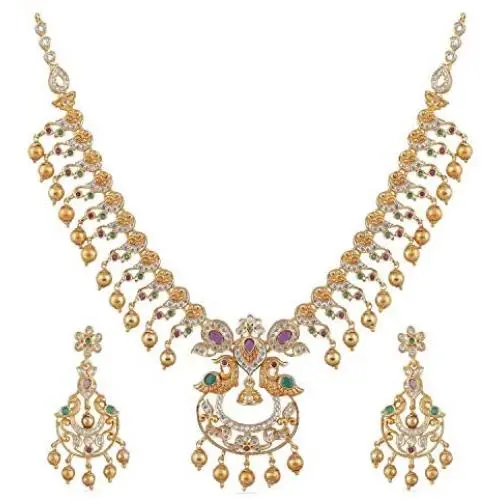 Tarinika Tanu Gold-Plated Indian Jewelry Set with Necklace and Earrings - White Red Green Tarinika Tanu Gold-Plated Indian Jewelry Set with Necklace and Earrings - White Red Green