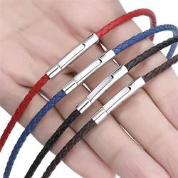 Braided Leather Cord 3MM Chain Necklace Stainless Steel Durable Snap Clasp, Men Women DIY Woven Rope Chain for Pendant Black/Brown/Red/Blue 18-30inch