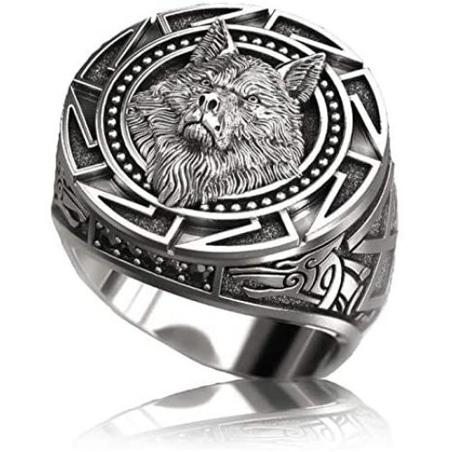 Slavic Wolf Ring for Men, Norse Viking Nordic Wolf Head Ring, Retro Wolf Totem Rings, Wolf Signet Rings, Amulet Ring, Animal Wolf Jewelry for Men Boys