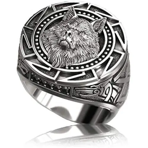 Slavic Wolf Ring for Men, Norse Viking Nordic Wolf Head Ring, Retro Wolf Totem Rings, Wolf Signet Rings, Amulet Ring, Animal Wolf Jewelry for Men Boys