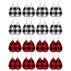 16 Pairs Christmas Plaid Dangle Earrings Faux Leather Dangle Earrings Long Plaid Earrings for Women Girls Favors (White and Black, Red and Black)