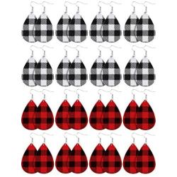 16 Pairs Christmas Plaid Dangle Earrings Faux Leather Dangle Earrings Long Plaid Earrings for Women Girls Favors (White and Black, Red and Black)