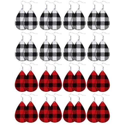 16 Pairs Christmas Plaid Dangle Earrings Faux Leather Dangle Earrings Long Plaid Earrings for Women Girls Favors (White and Black, Red and Black)