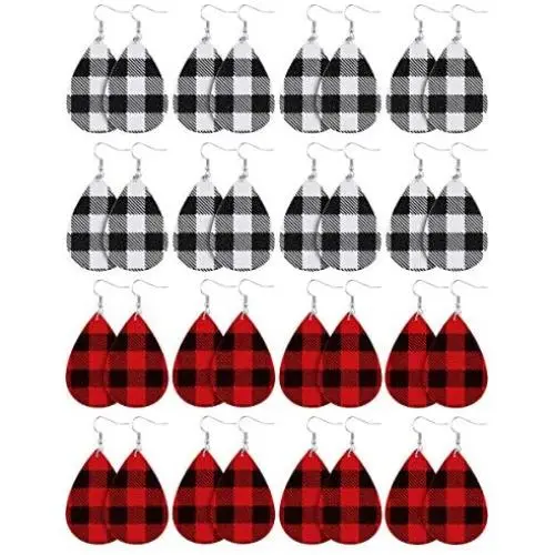 16 Pairs Christmas Plaid Dangle Earrings Faux Leather Dangle Earrings Long Plaid Earrings for Women Girls Favors (White and Black, Red and Black)