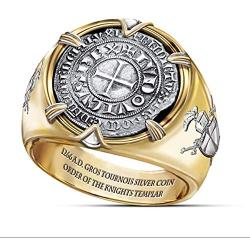 LEROJASS 14K Gold Plated Sterling Silver Crusaders Rings for Men Two Tone Knights Templar Silver Coin Ring Vintage Jewelry Men’s Stainless Steel Crusader Sword Cross Shield Ring Best Gift for Husband