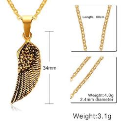 HUANIAN Stainless Steel Gold Plated Eagle Feather Wing Pendant Necklace for Men- with 19'' Chain