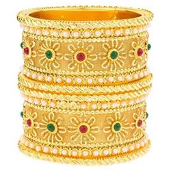 Efulgenz Indian Style Bollywood 14 K Gold Plated Faux Pearl Kundan Rhinestone Wedding Bridal Bracelet Bangle Set Jewelry
