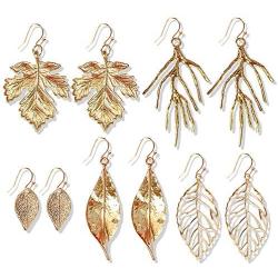 DAMLENG 5 Pairs Lightweight Handmade Long Bohemian Gold Hollow Leaf Dangle Drop Hook Earrings Set for Women Girls Gifts Lightweight Statement Jewelry