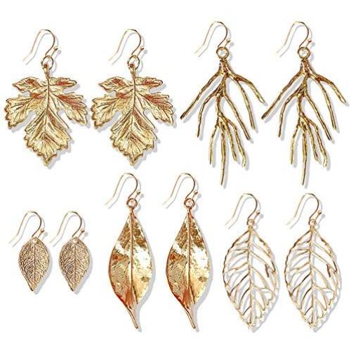 DAMLENG 5 Pairs Lightweight Handmade Long Bohemian Gold Hollow Leaf Dangle Drop Hook Earrings Set for Women Girls Gifts Lightweight Statement Jewelry