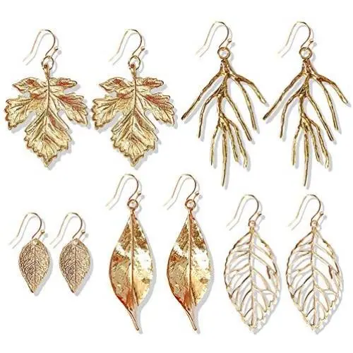 DAMLENG 5 Pairs Lightweight Handmade Long Bohemian Gold Hollow Leaf Dangle Drop Hook Earrings Set for Women Girls Gifts Lightweight Statement Jewelry DAMLENG 5 Pairs Lightweight Handmade Long Bohemian Gold Hollow Leaf Dangle Drop Hook Earrings Set for Women Girls Gifts Lightweight Statement Jewelry