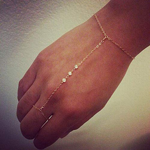 YienDoo Fashion Gold Tiny Crystal Bracelet Finger Chain Hand Harness Chain Dainty 3 Rhinestone Slave Bracelet Jewelry for Women and Girls