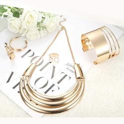 JOERICA Bib Choker Necklace for Women Wide Cuff Bangle Bracelet Open Hoop Earrings Adjustable Ring Chunky Statement Costume Jewelry Set