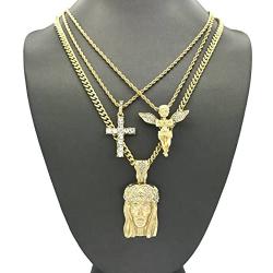 Shiny Jewelers USA Men Gold Iced Out Jesus, Praying Hands, Ankh, Cross, Angel Hip Hop Pendant Chain Necklace Set