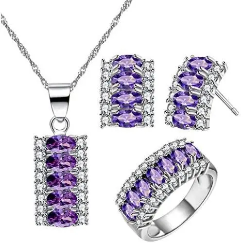 Uloveido Platinum Plated Oval Cut Cubic Zirconia 7 Stones Necklace Earrings and Ring Half Moon Party Jewelry Set T502