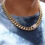 GOLD IDEA JEWELRY 14k Gold Plated Stainless Steel Thick Miami Cuban Link Chain with Lab Diamond Clasp Mens Hip Hop Necklace or Bracelet