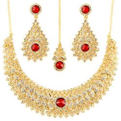 Touchstone Indian Bollywood Intricately Crafted Diamond Look Rhinestone Crystal Colorful Wedding Designer Jewelry Necklace Set in Gold and Silver Tone for Women.
