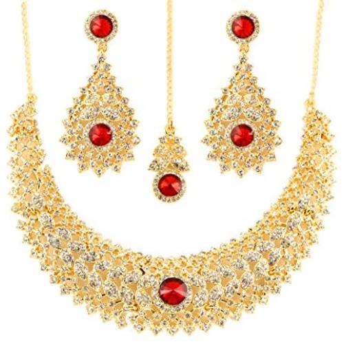 Touchstone Indian Bollywood Intricately Crafted Diamond Look Rhinestone Crystal Colorful Wedding Designer Jewelry Necklace Set in Gold and Silver Tone for Women.