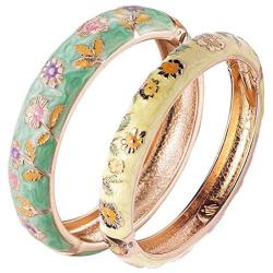 UJOY Cloisonne Couple Colors Bracelets Golden Sunflower Enameled Spring Hinged Cuff Bangles Girls Womens Gifts Jewelry 55C36