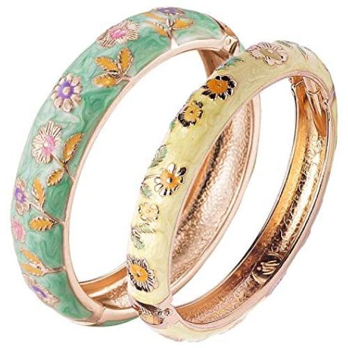 UJOY Cloisonne Couple Colors Bracelets Golden Sunflower Enameled Spring Hinged Cuff Bangles Girls Womens Gifts Jewelry 55C36