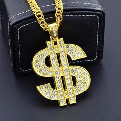 Gold Chain with Dollar Sign Big Money Necklaces for Men Women,Stainless Steel Iced Out Rhinestone Jewelry,Fashion Pendants with 28 Inches Chain