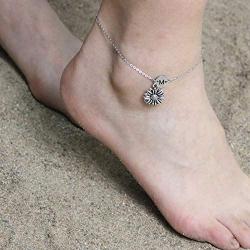 Sunflower Anklet Bracelets for Women Teen Girl You are My Sunshine Beach Summer Antique Silver Jewelry Inspirational Gifts Personalized Letter Initial Charm Engraved Handmade Foot Ankle Anklets