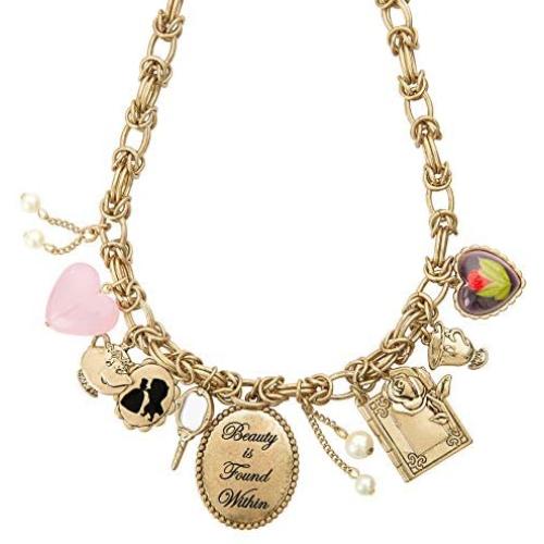 Disney Danielle Nicole Antique Worn Gold Tone Beauty and The Beast Charm Necklace, 18 Inch Chain with 3 Inch Extender