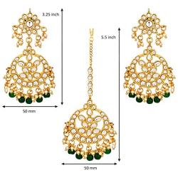 Aheli Indian Traditional Wedding Faux Kundan Beads and Pearls Chandbali Earrings Maang Tikka Earrings Set Ethnic Bollywood Jewelry Set for Women