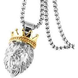 HZMAN Mens Silver Gold Tone Stainless Steel Lion King Pendant Necklace Cable Wheat 22+2'' Chain