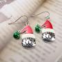 RareLove Cute Cat with Red Xmas Hat Green Bell Ring Pierced Dangle Christmas Earrings CZ Crystal Silver Plated Alloy Holiday For Women Girls